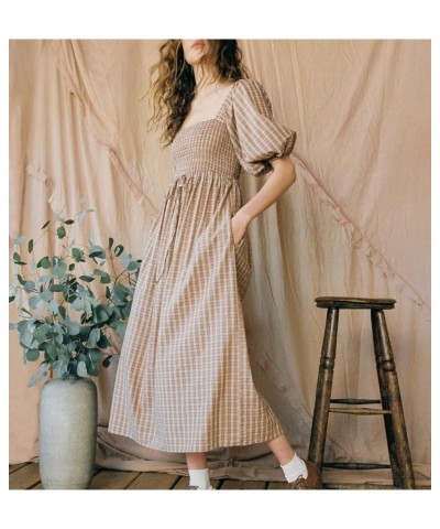 Boho Floral Puff Sleeve Dresses for Women 2024 Y2k Embroidered Flowy Smocked Maxi Dress Square Neck Beach Sundress A-khaki $2...