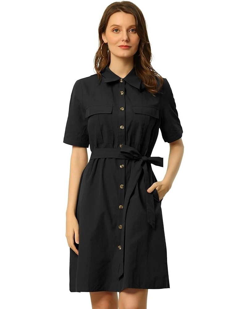 Women's Safari Dress St. Patrick's Day Collared Button Down Cotton Belted Shirtdress Black $15.99 Dresses