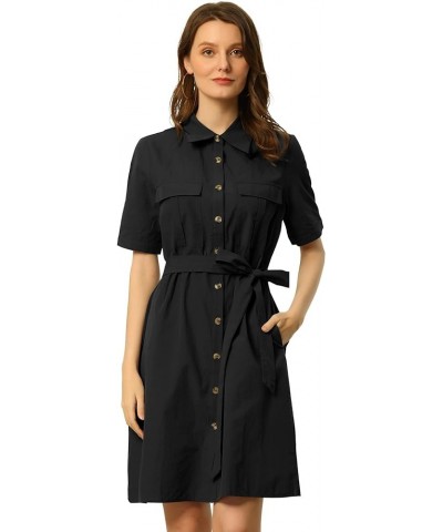 Women's Safari Dress St. Patrick's Day Collared Button Down Cotton Belted Shirtdress Black $15.99 Dresses