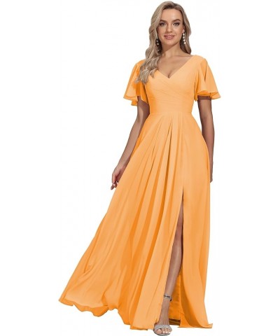 Women's V Neck Bridesmaid Dresses with Sleeves Split Pleated Long Chiffon Formal Wedding Guest Dress with Pockets Mustard Yel...