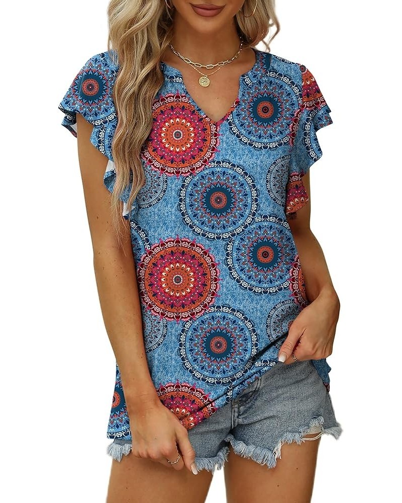 Womens Summer Tops V Neck Ruffle Sleeve T Shirts for Women Loose Fit 18-mandala Blue $8.69 T-Shirts