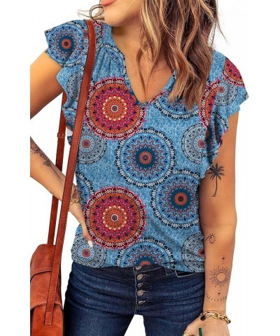 Womens Summer Tops V Neck Ruffle Sleeve T Shirts for Women Loose Fit 18-mandala Blue $8.69 T-Shirts