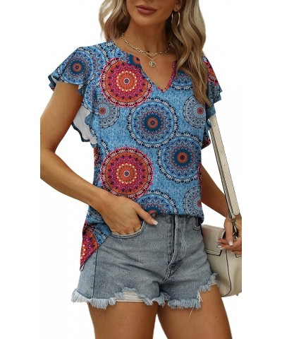 Womens Summer Tops V Neck Ruffle Sleeve T Shirts for Women Loose Fit 18-mandala Blue $8.69 T-Shirts