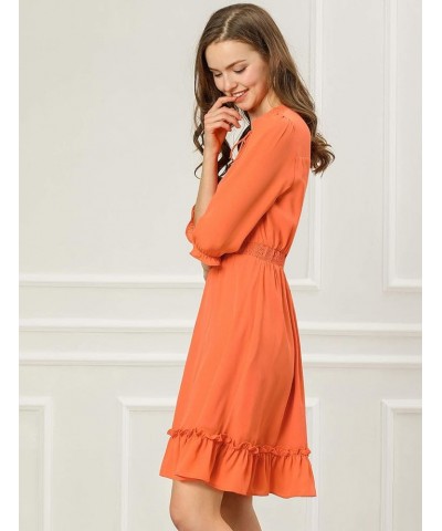 Women's Autumn Wedding Guest Dresses Ruffle Hem 3/4 Sleeve A-Line Smocked Short Chiffon Dress Orange $20.99 Dresses