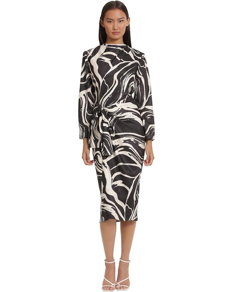 Women's Long Sleeve Midi Wrap Dress Black/Cream $45.63 Dresses