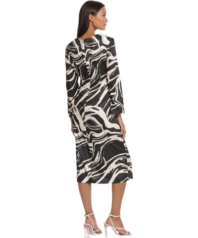 Women's Long Sleeve Midi Wrap Dress Black/Cream $45.63 Dresses