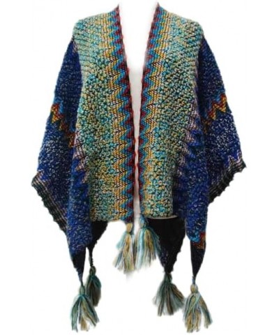 Knitted Poncho Sweater for Women - Soft, Warm and Thick Cardigan Style Shawls and Wraps with Fringe and Tassels Bluegreen-nav...