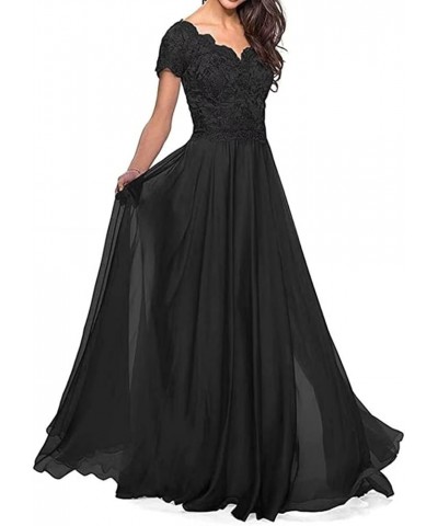 Lace Appliques Mother of The Bride Dress Short Sleeves V Neck Long Chiffon Mother of The Groom Dress Black $45.04 Dresses