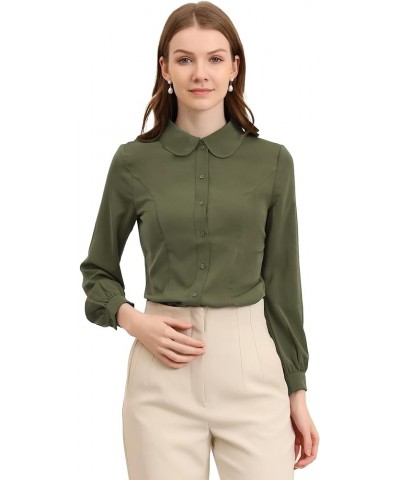 Women's Button Up Shirt Business Casual Career Peter Pan Collar Long Bishop Sleeve Blouse Army Green $15.51 Blouses