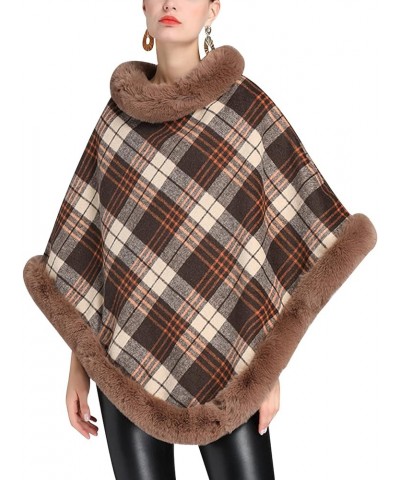 Womens Plaid Poncho Cape Winter Warm Coat Faux Fur Trim Shawl Cloak Elegant Pullover Shawls Cape Layers 02brown $20.68 Coats