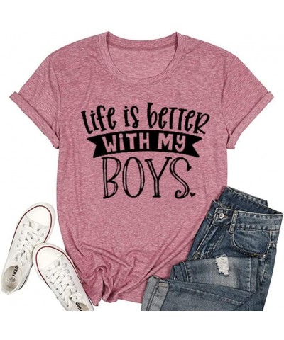 Womens Mother's Day T-Shirt Life is Better with My Boys Graphic Tee Funny Leopard Boy Mama Short Sleeve Pink-6 $11.19 T-Shirts