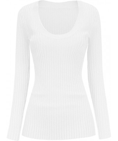 Women Scoop Neck U-Neck Knit Long Sleeve Slim Fit Ribbed Sweater Tops U-neck 1white $17.58 Sweaters