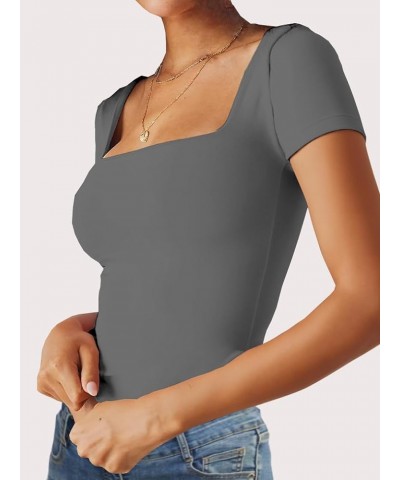 Women's Sexy Long Sleeve Crop Top Square Neck Double Lined Basic Slim Fit T Shirt 2 Dark Grey $11.49 T-Shirts