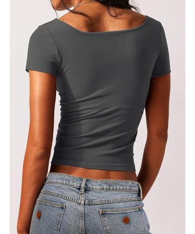 Women's Sexy Long Sleeve Crop Top Square Neck Double Lined Basic Slim Fit T Shirt 2 Dark Grey $11.49 T-Shirts