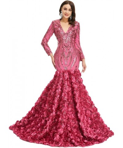 Women's Sequined Long Sleeves V Neck Mermaid Evening Prom Party Dress Rose Flowers Pageant Celebrity Gown Rose Red $63.64 Dre...