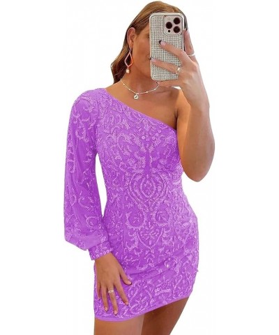 Long Sleeve Homecoming Dresses for Teens One Shoulder Short Cocktail Dress Sequin Lace Prom Gown Lavender $24.98 Dresses