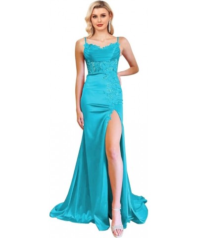 Lace Applique Prom Dresses Spaghetti Straps Mermaid Formal Dress for Women Silk Satin Evening Gowns with Slit White $36.12 Dr...