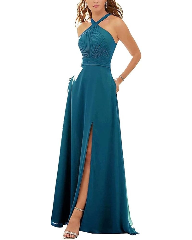 Women's Halter Long Bridesmaid Dresses Slit Formal Wedding Evening Party Gown Teal $39.00 Dresses