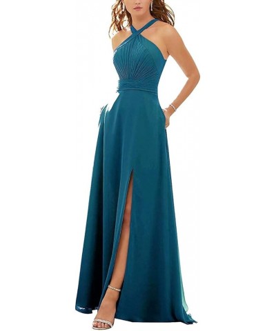 Women's Halter Long Bridesmaid Dresses Slit Formal Wedding Evening Party Gown Teal $39.00 Dresses