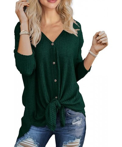 Women's Waffle Knit Tunic Blouse Tie Knot Henley Tops Loose Fitting Bat Wing Plain Shirts 09 Dark Green $13.60 Tops