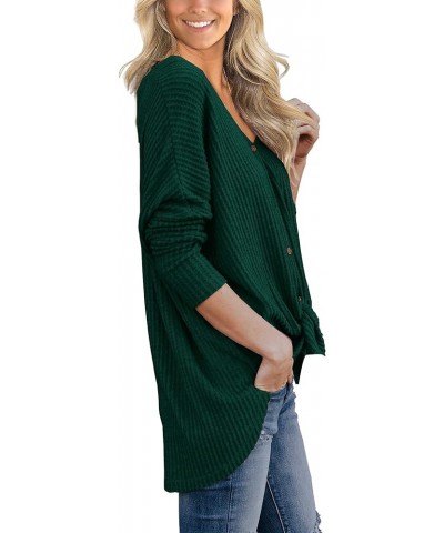 Women's Waffle Knit Tunic Blouse Tie Knot Henley Tops Loose Fitting Bat Wing Plain Shirts 09 Dark Green $13.60 Tops