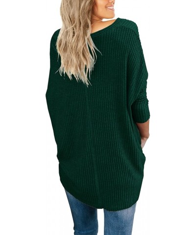 Women's Waffle Knit Tunic Blouse Tie Knot Henley Tops Loose Fitting Bat Wing Plain Shirts 09 Dark Green $13.60 Tops