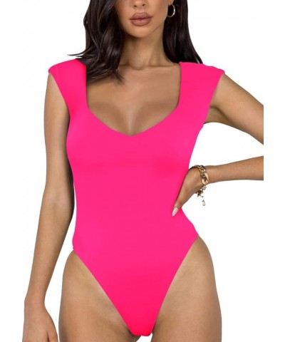 Women's Sexy Plunge V-Neck Sleeveless V Backless Going Out Tank Bodysuits Tops Neon Rose Red $10.39 Bodysuits