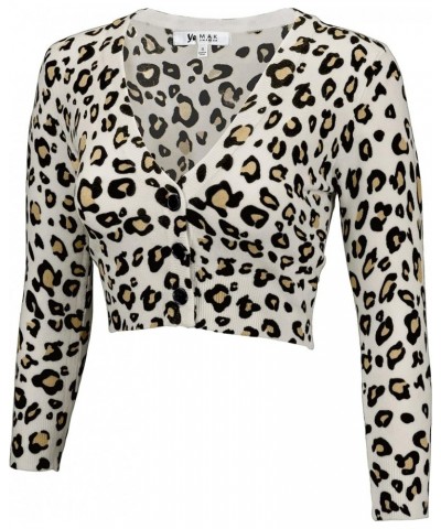 Women's Cropped Bolero Cardigan – 3/4 Sleeve V-Neck Basic Classic Casual Button Down Knit Soft Sweater Top (S-4XL) Leopard -I...