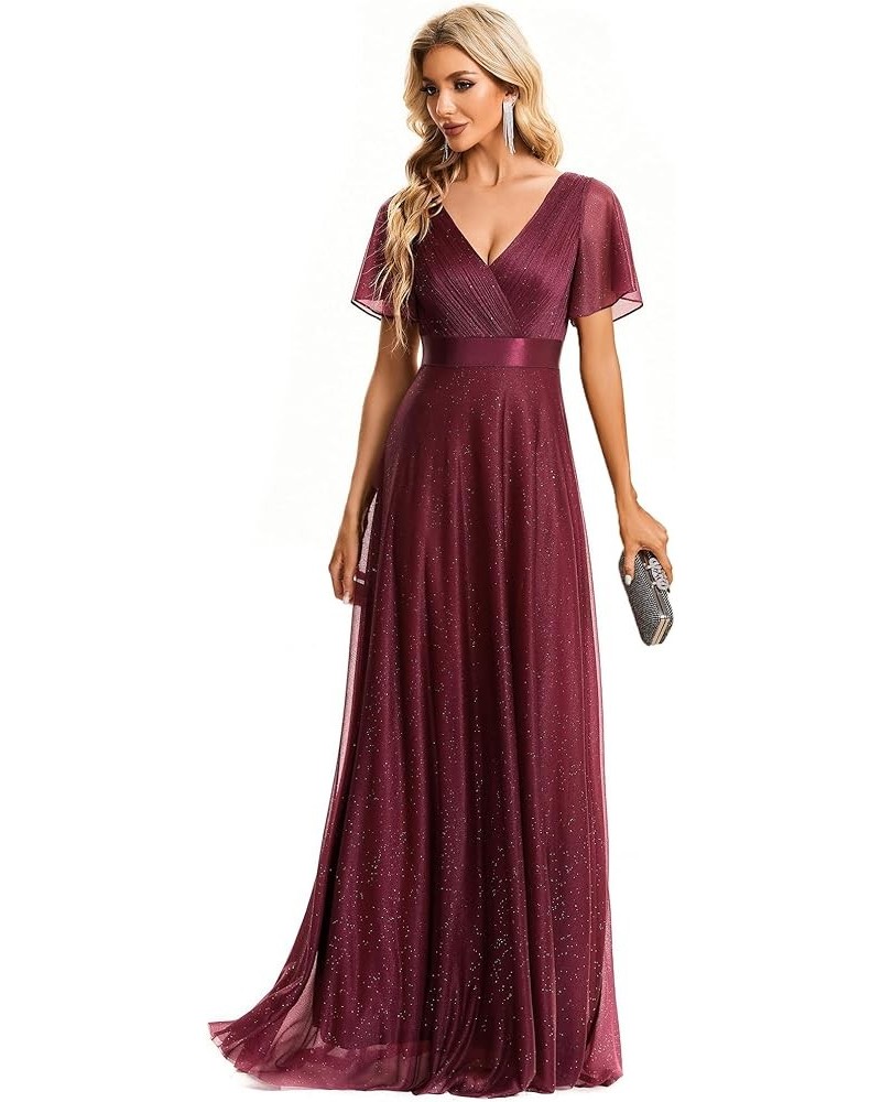 Womens Short Sleeves A-line Sparkle Formal Dresses 50159 Burgundy $36.71 Dresses