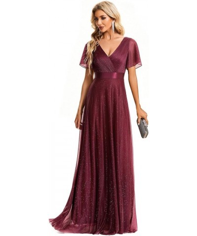 Womens Short Sleeves A-line Sparkle Formal Dresses 50159 Burgundy $36.71 Dresses