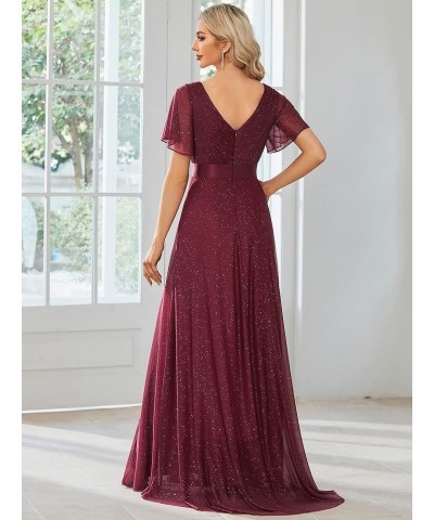 Womens Short Sleeves A-line Sparkle Formal Dresses 50159 Burgundy $36.71 Dresses