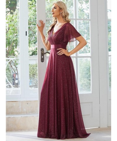 Womens Short Sleeves A-line Sparkle Formal Dresses 50159 Burgundy $36.71 Dresses