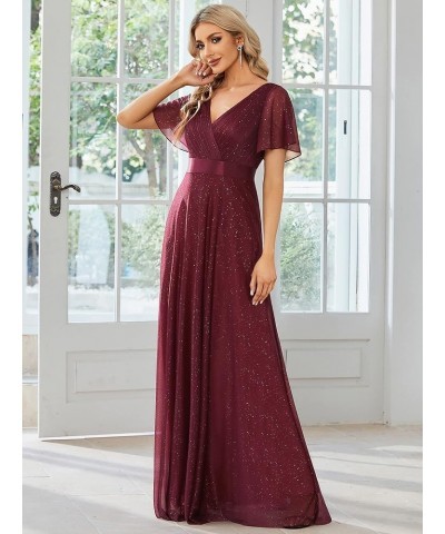 Womens Short Sleeves A-line Sparkle Formal Dresses 50159 Burgundy $36.71 Dresses