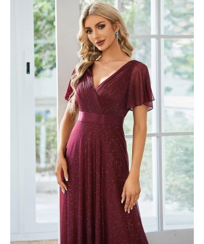 Womens Short Sleeves A-line Sparkle Formal Dresses 50159 Burgundy $36.71 Dresses