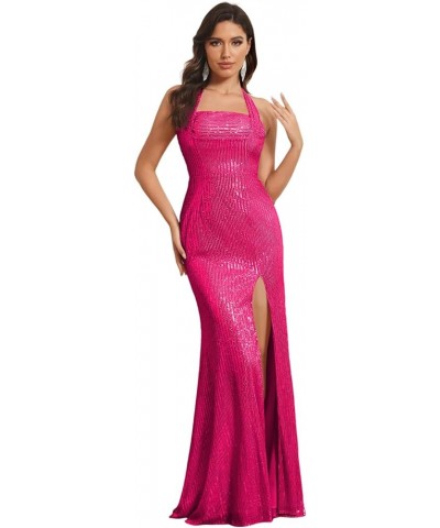 Halter Sequin Mermaid Prom Dress Long Backless Prom Cocktail Maxi Dress for Women CYM195 A-hot Pink $26.66 Dresses