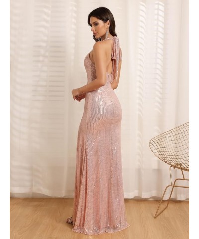 Halter Sequin Mermaid Prom Dress Long Backless Prom Cocktail Maxi Dress for Women CYM195 A-hot Pink $26.66 Dresses