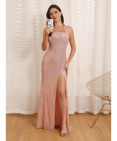 Halter Sequin Mermaid Prom Dress Long Backless Prom Cocktail Maxi Dress for Women CYM195 A-hot Pink $26.66 Dresses