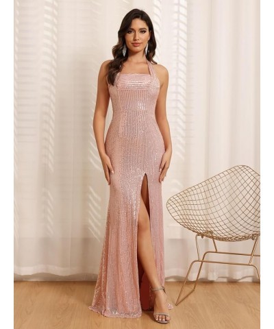 Halter Sequin Mermaid Prom Dress Long Backless Prom Cocktail Maxi Dress for Women CYM195 A-hot Pink $26.66 Dresses