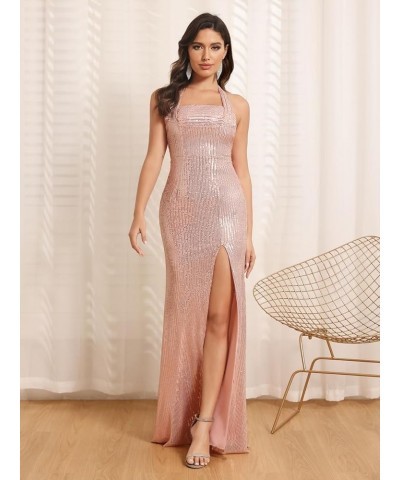 Halter Sequin Mermaid Prom Dress Long Backless Prom Cocktail Maxi Dress for Women CYM195 A-hot Pink $26.66 Dresses