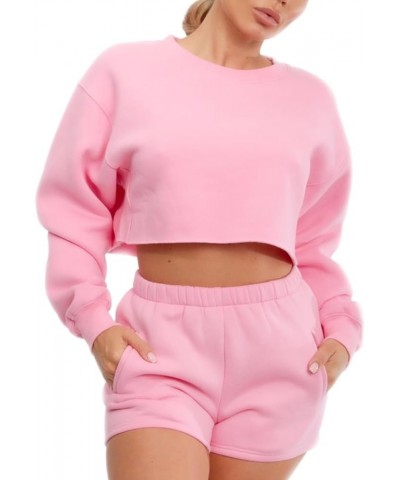 Women Casual Fleece Pullover Cropped Hoodie Long Sleeve Lounge Crop Sweatshirt Pink $19.24 Hoodies & Sweatshirts