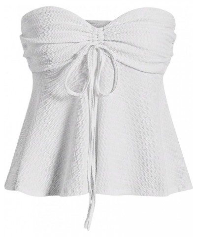 Women Tie Front Ruched Tube Top Strapless Flared Hem Peplum Bandeau Tops White $12.18 Tanks