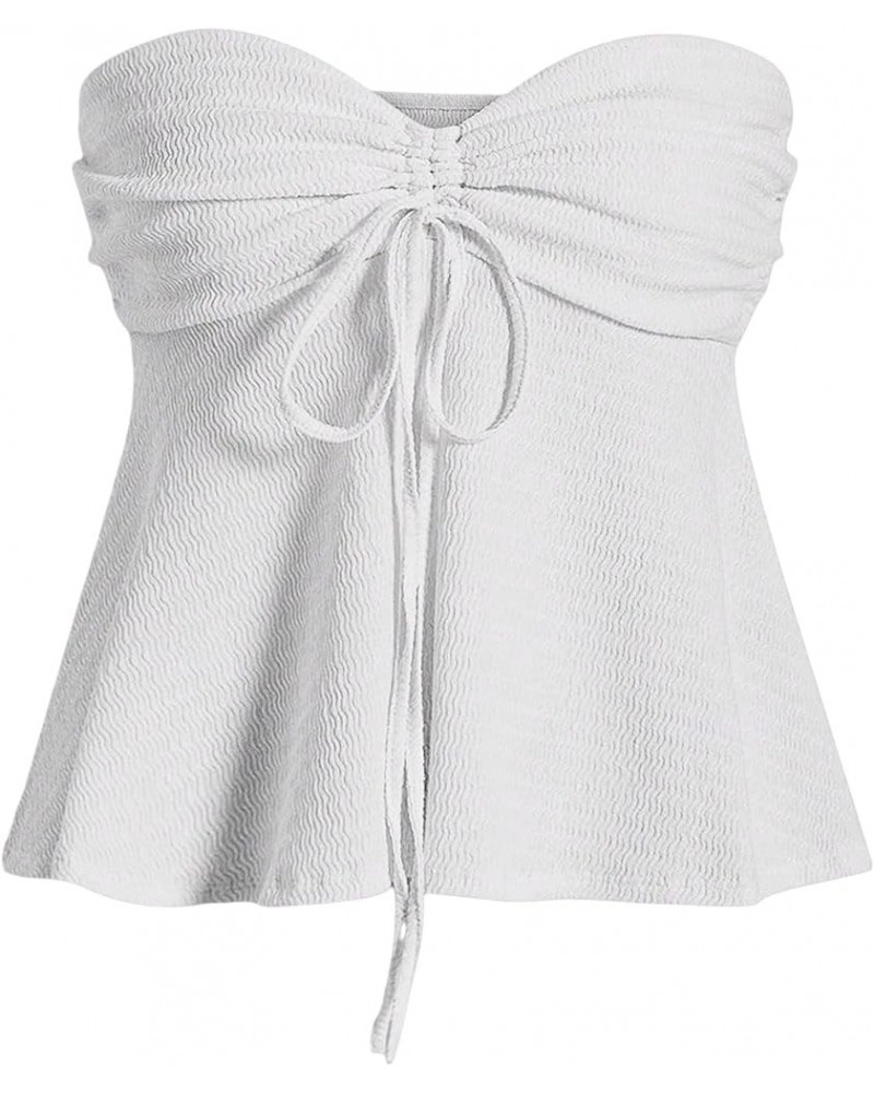 Women Tie Front Ruched Tube Top Strapless Flared Hem Peplum Bandeau Tops White $12.18 Tanks