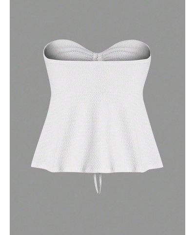 Women Tie Front Ruched Tube Top Strapless Flared Hem Peplum Bandeau Tops White $12.18 Tanks