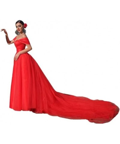 Satin A-line Prom Dresses for Women Off Shoulder Evening Dress with Slit Chic Pleated Party Dress PF18 Red-a $32.25 Dresses