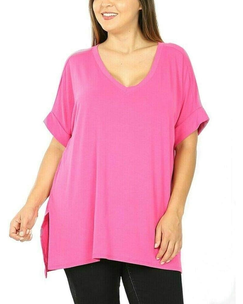 Regular and Plus Size Premium Rolled Short Sleeve Side Slit Top Hot Pink $15.29 T-Shirts