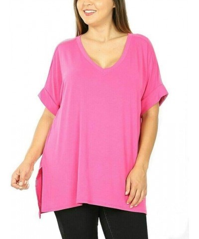 Regular and Plus Size Premium Rolled Short Sleeve Side Slit Top Hot Pink $15.29 T-Shirts