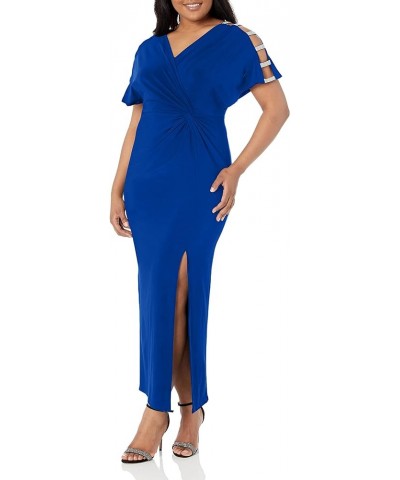 Women's Plus Size Long Knot Dress with Embellished Short Sleeve Dark Royal $40.94 Dresses