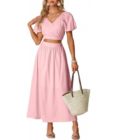 Women’s 2 Pieces Outfit Puff Short Sleeve Crop Top High Waist Flowy Maxi Skirt Set Pink $25.29 Suits