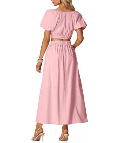 Women’s 2 Pieces Outfit Puff Short Sleeve Crop Top High Waist Flowy Maxi Skirt Set Pink $25.29 Suits