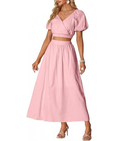 Women’s 2 Pieces Outfit Puff Short Sleeve Crop Top High Waist Flowy Maxi Skirt Set Pink $25.29 Suits